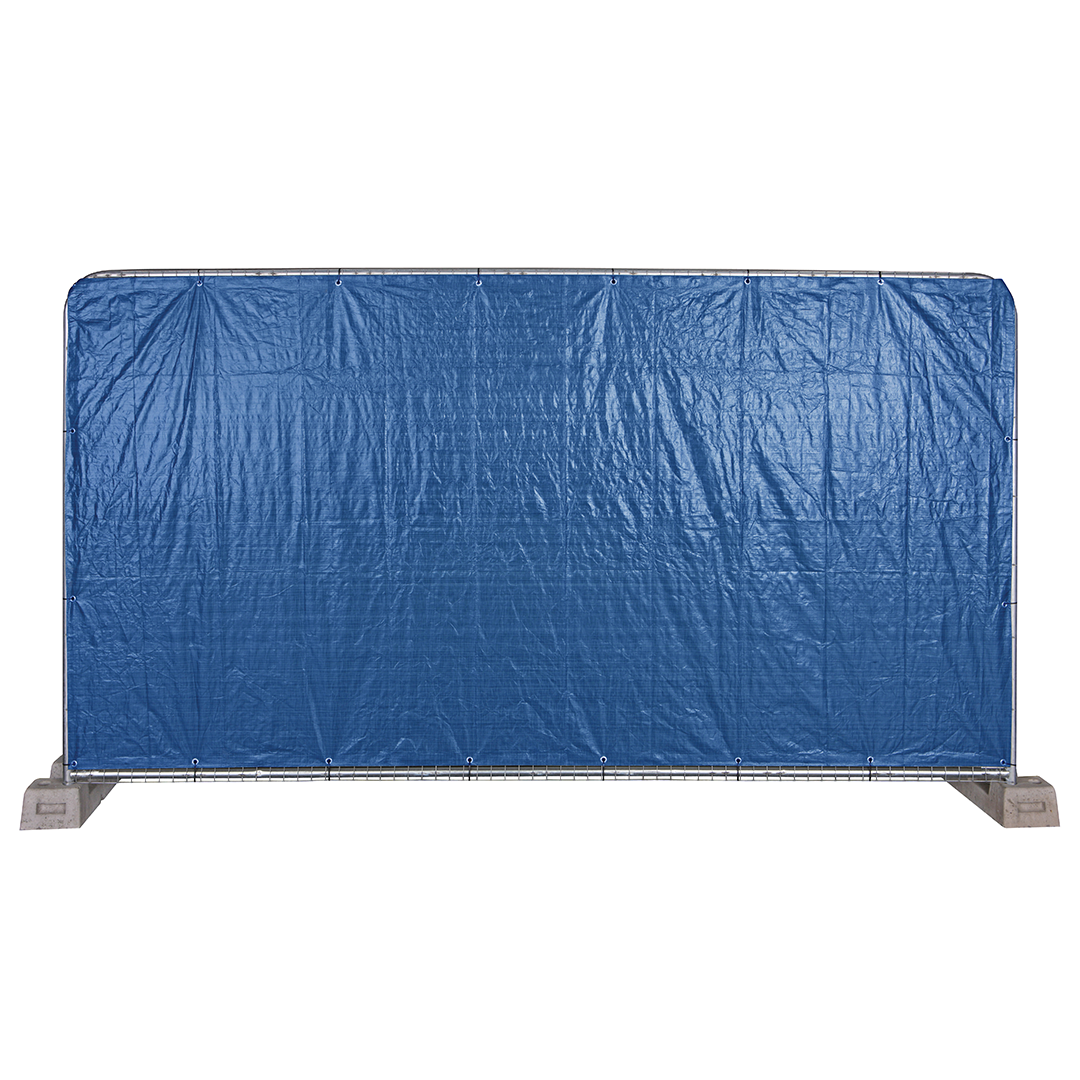 Blue fence tarpaulin attached to a construction fence on white background, isolated product view