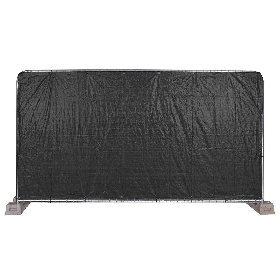 Black fence tarpaulin attached to a construction fence on white background, isolated product view