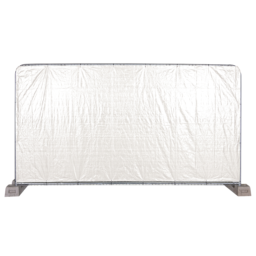 White fence tarpaulin attached to a construction fence on white background, isolated product view