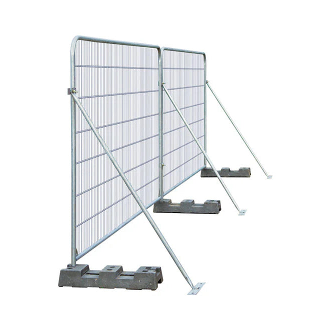 Support brace with baseplate connected to a temporary fence panel